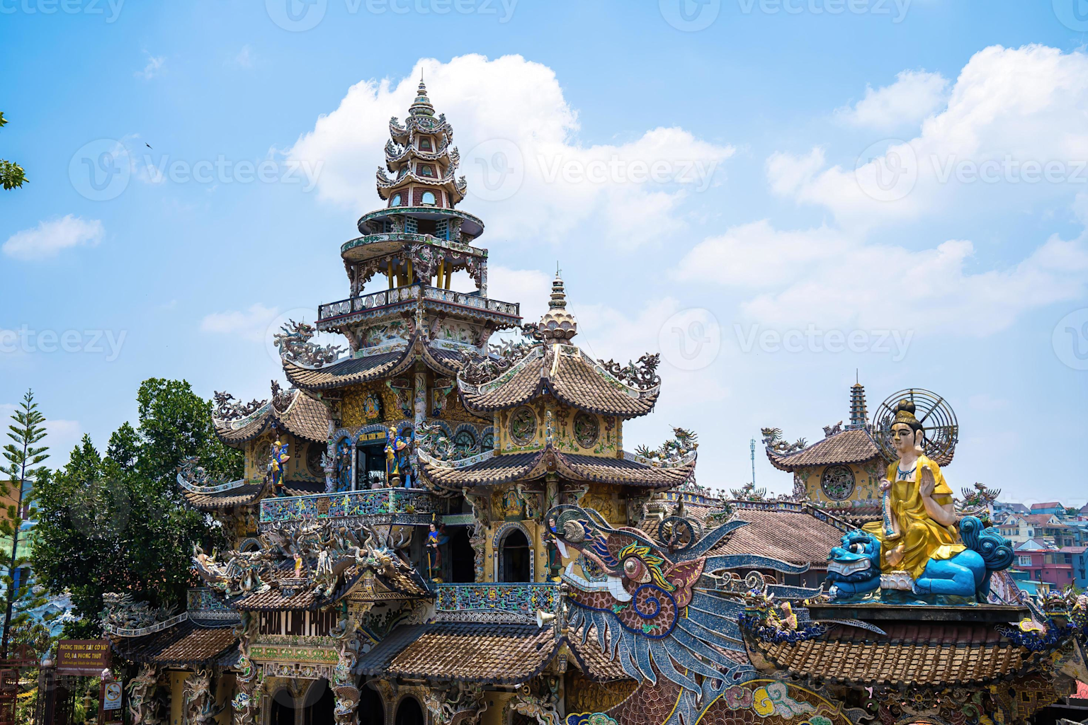 Pagoda with unique glass mosaic and golden statues