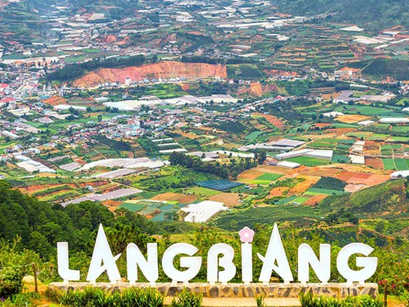 Panoramic view from the summit with LANGBIANG letters in the foreground